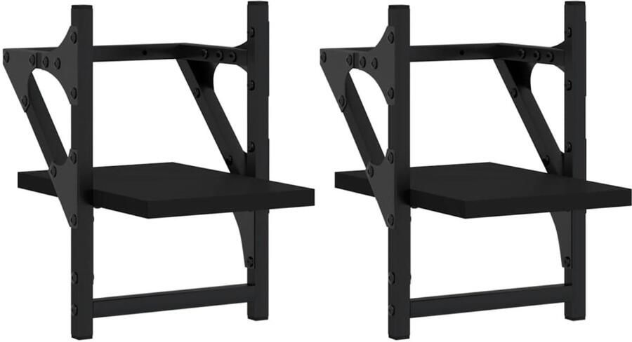 The Living Store Wandschappen met stangen 2 st 20x25x30 cm zwart Zwevende Wanden Wandplanken Houten Wanddecoratie Zwarte Wandregels Opbergwand