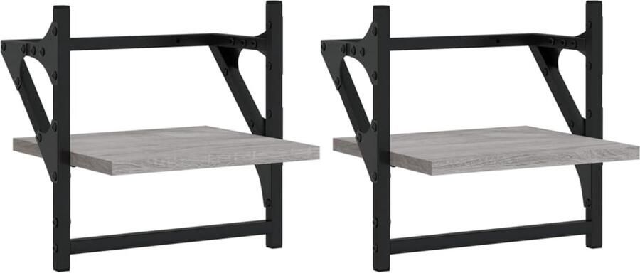 The Living Store Wandschappen met stangen 2 st 30x25x30 cm grijs sonoma eiken Zwevende Wanden Wandplanken Houten Wanddecoratie Grijze Meubels Salontafel Accessoires