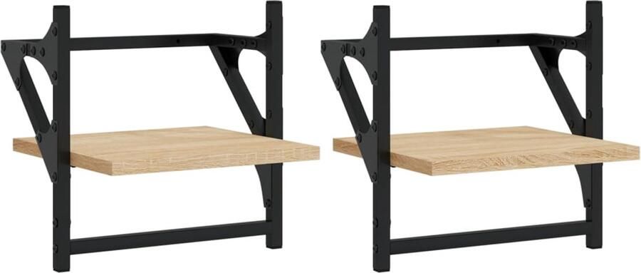 The Living Store Wandschappen met stangen 2 st 30x25x30 cm sonoma eikenkleurig Wanddecoratie Houten Wandplanken Badkamer Accessoires Salon Meubels Livingaccessoires