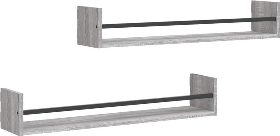 The Living Store Wandschappen met stangen 2 st 80x16x14 cm grijs sonoma Zwevende Wandenplanken Houten Wanddecoratie Wandopbergers Grijze Wandkasten Salon Meubilair - Foto 2