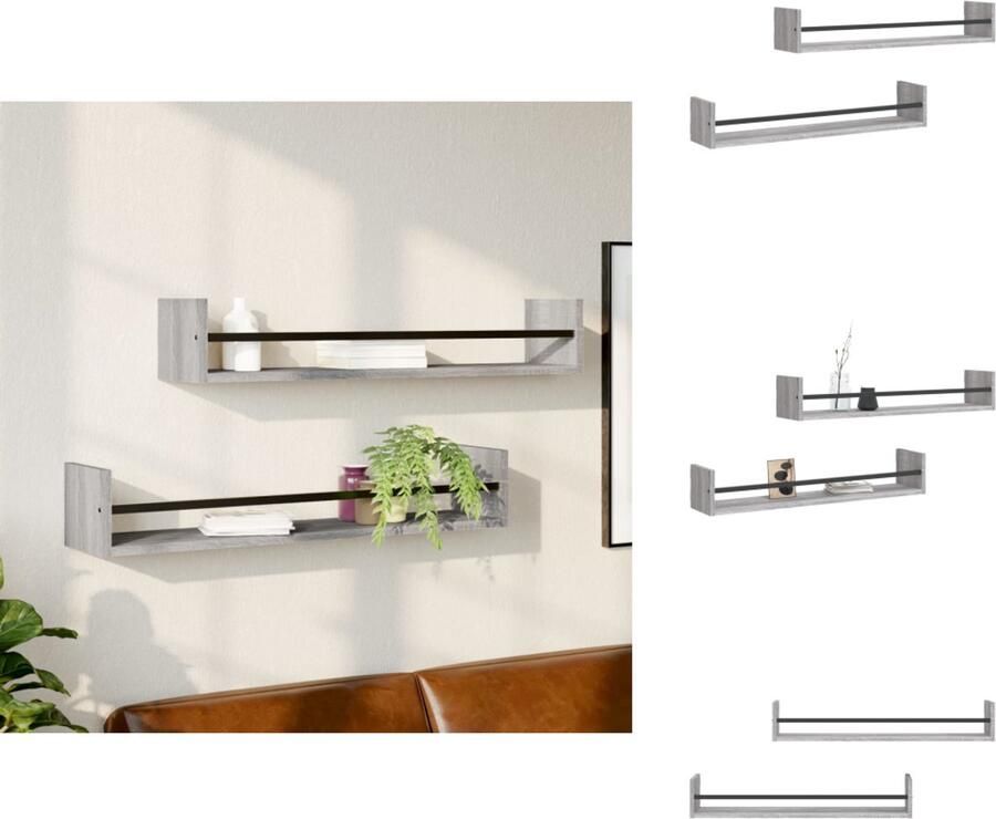 The Living Store Wandschappen met stangen 2 st 80x16x14 cm grijs sonoma Zwevende Wandenplanken Houten Wanddecoratie Wandopbergers Grijze Wandkasten Salon Meubilair