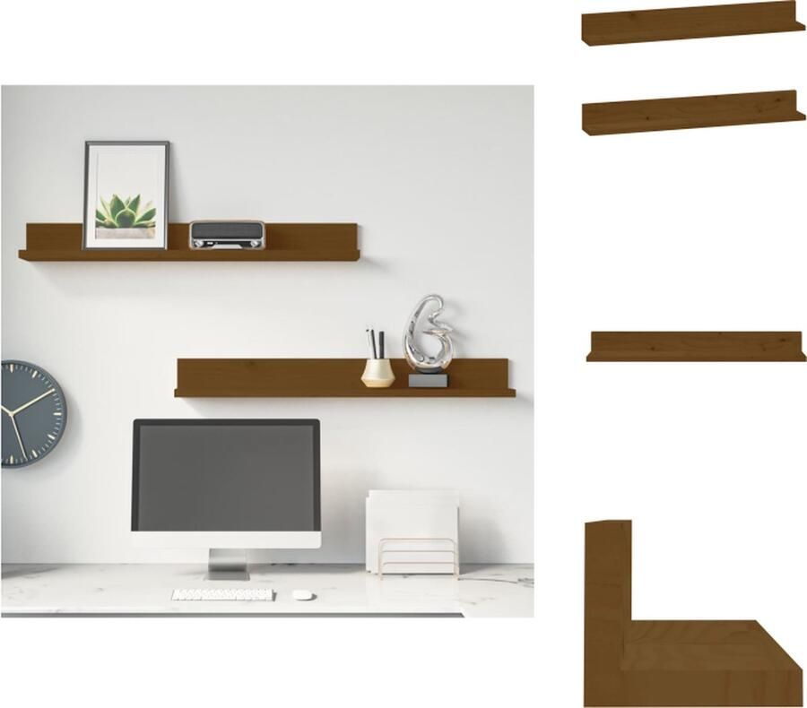 The Living Store Wandkasten 2 st 80x11x9 cm massief grenenhout honingbruin Zwevende Wandenplank Houten Wanddecoratie Grenoble Hout Salon Meubilair Woonkamer Accessoires - Foto 2