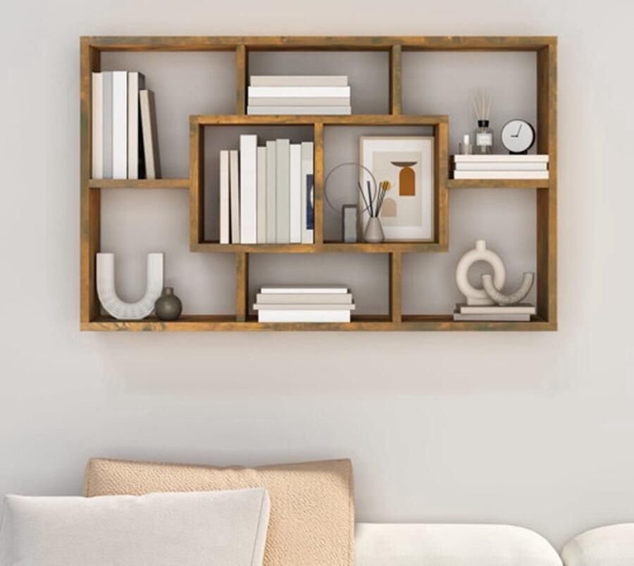 The Living Store Wandschap 85x16x52 5 cm bewerkt hout gerookt eikenkleurig Wandplankje Houten Plank Bergruimte Opslagoplossing Woonaccessoires