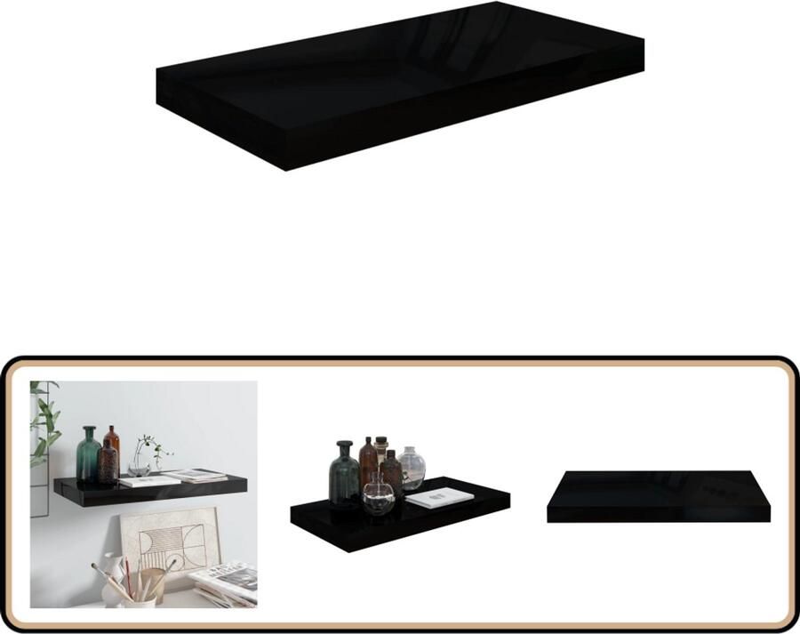 VidaXL Wandschap Zwevend MDF Hoogglans Zwart 50x23x3 8 cm Wandplank Zwarte Wandplank Zwevende Plank Opbergplanken Woonaccessoires