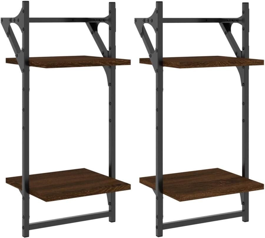 The Living Store Wandschappen 2-laags met stangen 2 st 30x25x65 cm bruineiken Wanddecoratie Wandplanken Houten Wandopbergen Bruine Meubels Livingaccessoires