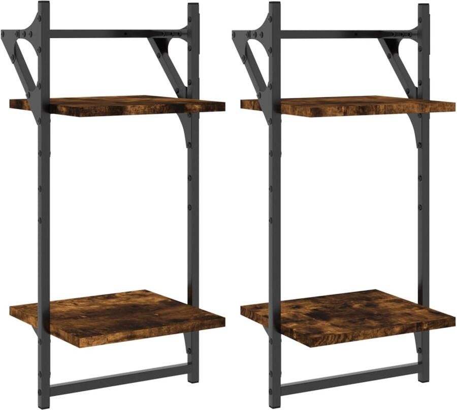 The Living Store Wandschappen 2-laags met stangen 2 st 30x25x65 cm gerookt eiken Wanddecoratie Houten Wandplankje Woonaccessoires Bergruimte Opslagmogelijkheden