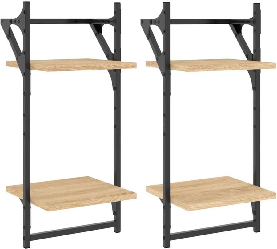 The Living Store Wandschappen 2-laags met stangen 2 st 30x25x65 cm sonoma eiken Zwevende Wanden Wandplanken Houten Wanddecoratie Salon Meubels Badkamer Accessoires