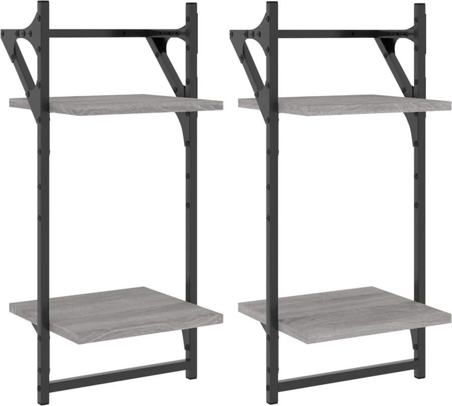 VidaXL Wandschappen 2-laags met stangen Grijs Sonoma Wanddecoratie Houten Wandplanken Opbergruimte Grijze Meubels Salontafel