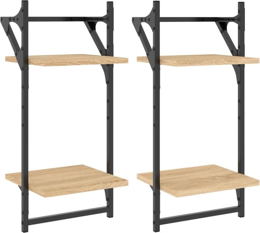 VidaXL Wandschappen 2-laags Sonoma eiken 2 stuks Zwevende Wanden Wandplanken Houten Wanddecoratie Salon Meubels Badkamer Accessoires