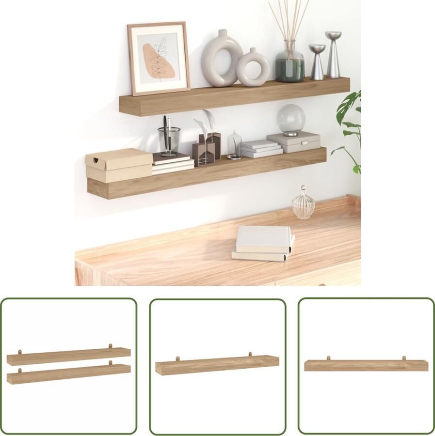 The Living Store Wandschappen 2 st 110x15x4 cm massief teakhout Wandplank Teakwood Wandschapsysteem Decoratieschilderijen Muurkastjes