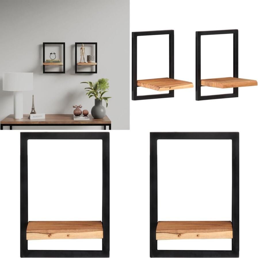 VidaXL Wandschappen 2 st 25x25x35 cm massief acaciahout en staal Wandschap Wandschappen Massief Houten Schap Wandplank