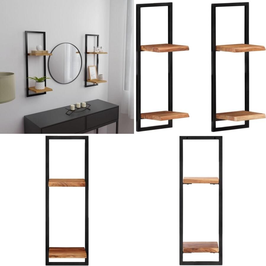 VidaXL Wandschappen 2 st 25x25x75 cm massief acaciahout en staal Wandschap Wandschappen Massief Houten Schap Wandplank