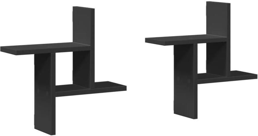 The Living Store Wandschappen 2 st 38x12x38 cm bewerkt hout zwart Wandplank Houten Plank Opbergplanken Muurschrank Minimalistisch Design