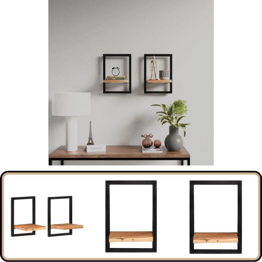 VidaXL Wandschappen 2 st Massief Acaciahout & Staal Houten Wanddecoratie Wandplanken Massief Acaciahout Staal Kastjes