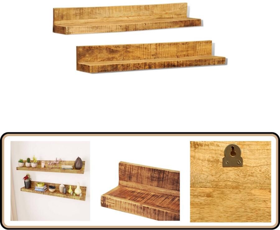 VidaXL Wandschappen 2 st massief mangohout Houtenschapen Wandplanken Mangohout Meubels Woonaccessoires Kastjes