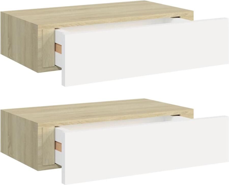 VidaXL Wandschappen 2 st MDF Eikenkleur en Wit Zwevend Wandrek Ladekast Houten Wandplank Bergruimte Minimalistische Meubels