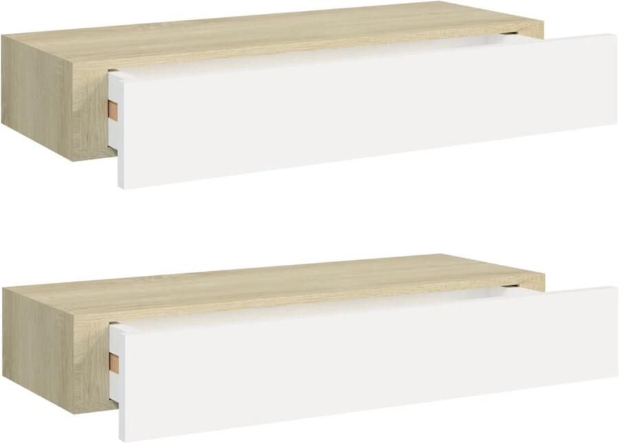 VidaXL Wandschappen 2 st MDF Eikenkleur Wit Zwevend Wandrek Wandenplank Ladenkast Bergruimte Livingroomdecoratie