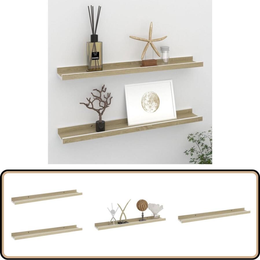 The Living Store Wandschappen 2 st 60x9x3 cm wit en sonoma eikenkleurig Wandplank Wanddecoratie Mdf Plank Hangplankje Woonaccessoires - Foto 2