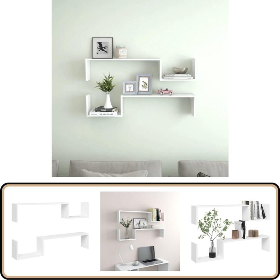 VidaXL Wandschappen 2 stuks 100x15x20 cm Wit Wandplankje Houten Plank Wanddecoratie Bergruimte Opslagoplossing
