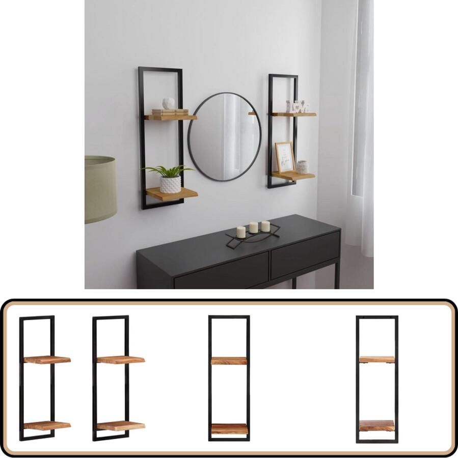 VidaXL Wandschappen 2 stuks Acaciahout en Staal Houten Wanddecoratie Wandplanken Kasten Opbergkast Boekenrek