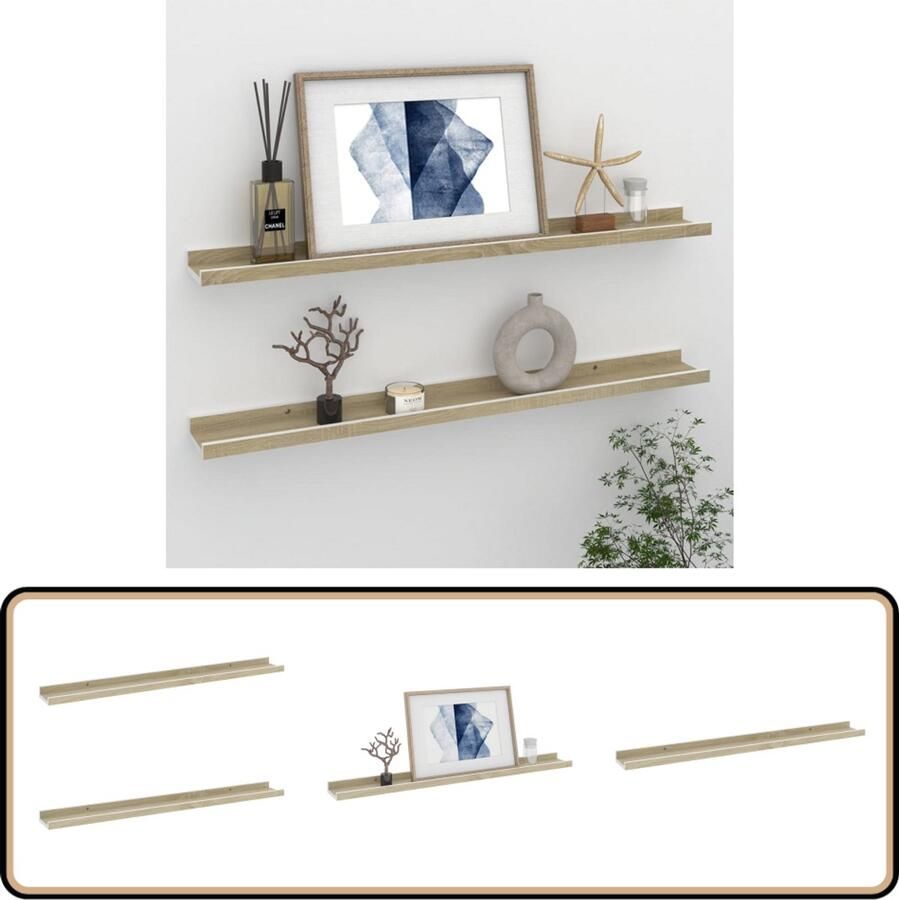 VidaXL Wandschappen 2 stuks Wit en Sonoma Eiken Wandplanken Wanddecoratie Mdf Planken Salontafel Tv Stand