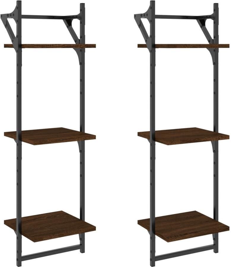 VidaXL Wandschappen 3-laags met stangen 2 st 30x25x100 cm bruineiken Wandschap Wandschappen Wandplank Wandrek