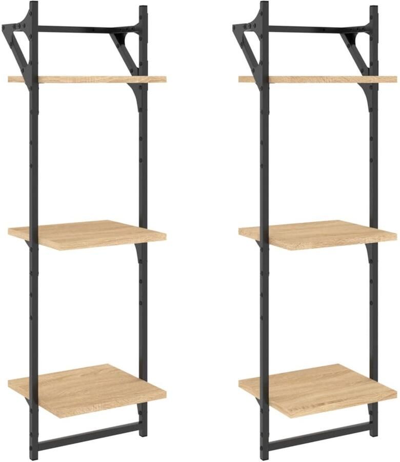 VidaXL Wandschap Wandschappen Wandplank Wandrek Wandschappen 3-laags met stangen 2 st 30x25x100 cm sonoma eiken