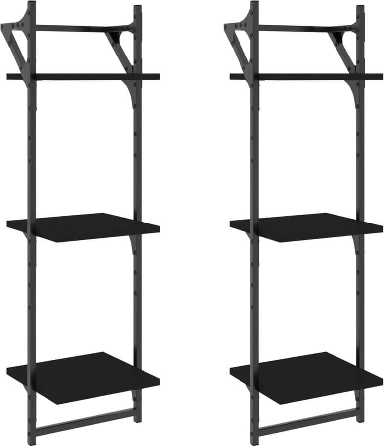 VidaXL Wandschap Wandschappen Wandplank Wandrek Wandschappen 3-laags met stangen 2 st 30x25x100 cm zwart