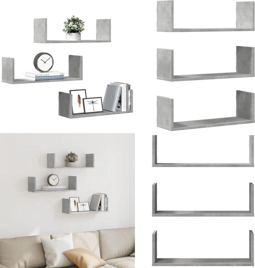 VidaXL Wandschappen 3 st 58x18x18 cm bewerkt hout betongrijs Wandschap Wandschappen Wandplank Wandrek