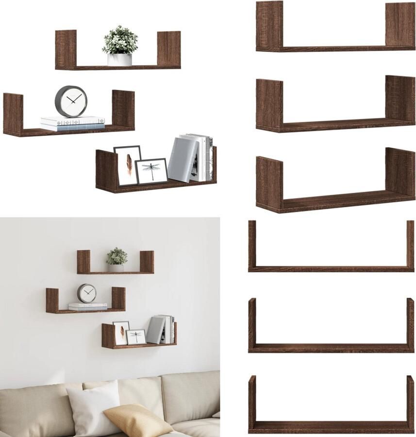 VidaXL Wandschappen 3 st 58x18x18 cm bewerkt hout bruin eikenkleurig Wandschap Wandschappen Wandplank Wandrek