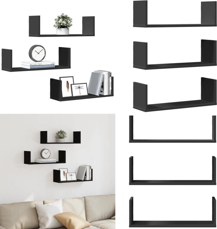 VidaXL Wandschappen 3 st 58x18x18 cm bewerkt hout zwart Wandschap Wandschappen Wandplank Wandrek