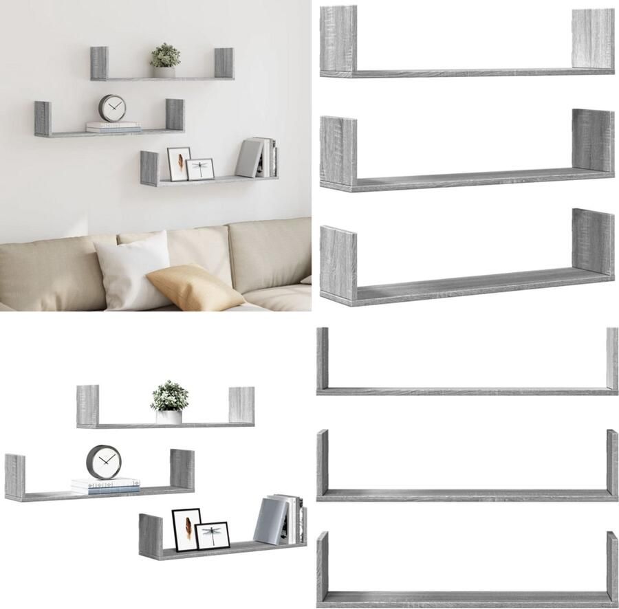 VidaXL Wandschappen 3 st 80x18x18 cm bewerkt hout grijs sonoma eiken Wandschap Wandschappen Wandplank Wandrek