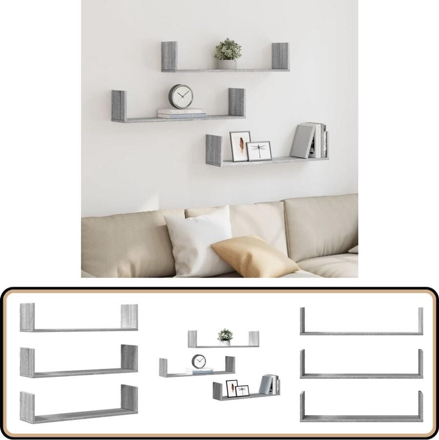 VidaXL Wandschappen 3 st 80x18x18 cm Grijs Sonoma Wandplanken Houten Plankjes Opslagmogelijkheden Muurschrank Minimalistisch Wonen