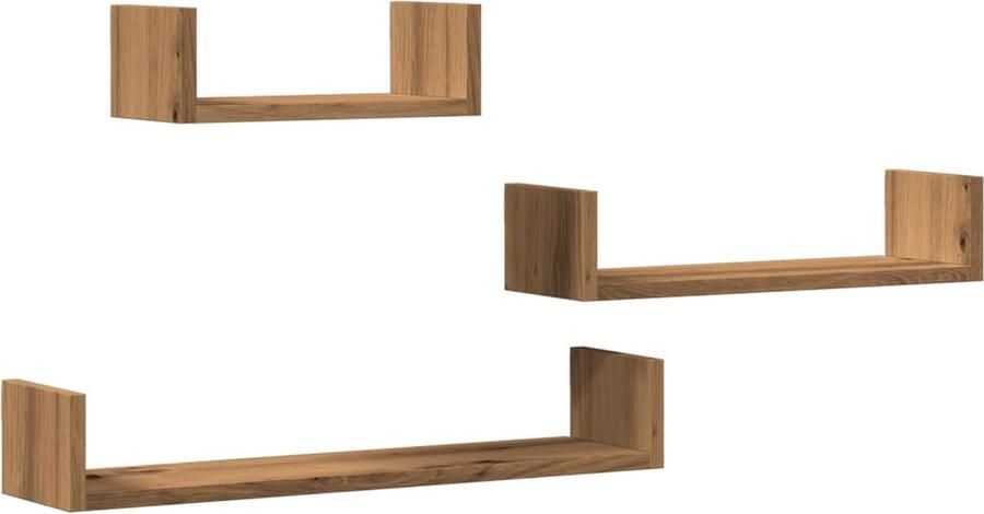 The Living Store Wandschappen 3 st bewerkt hout artisanaal eiken Wandplanken Houten Planken Opslagoplossing Muurschrank Minimalistisch Meubilair