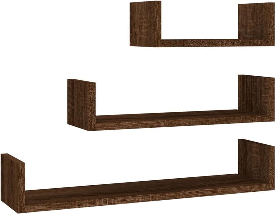 VidaXL Wandschappen 3 st bewerkt hout bruin eik Wanddecoratie Houten Wandplank Bruine Eiken Meubels Badkamerkastje Keukenkastjes