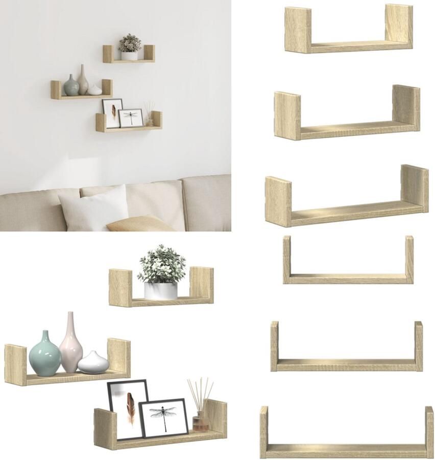 VidaXL Wandschappen 3 st bewerkt hout sonoma eikenkleurig Wandschap Wandschappen Wandplank Wandrek
