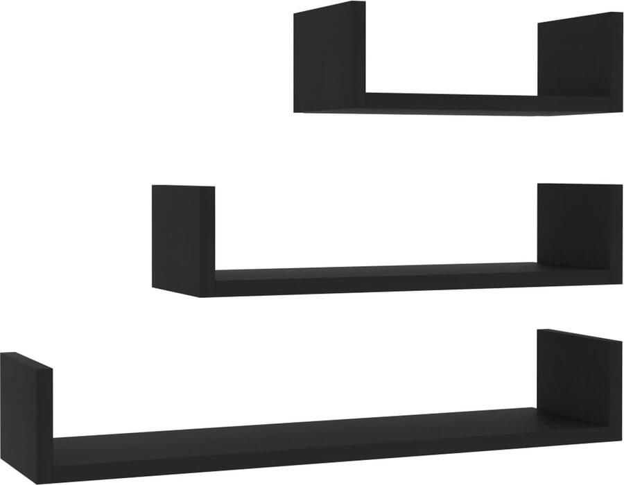 VidaXL Wandschappen 3 st Bewerkt hout Zwart Wandplank Schappenset Houten Plank Opbergplank Decoratief Rek