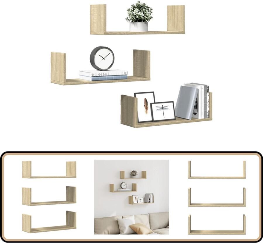 VidaXL Wandschappen 3 stuks 58x18x18 cm Eikenkleur Zwevende Wandplank Houten Wandplank Salontafel Badkamerkast Opslagwand