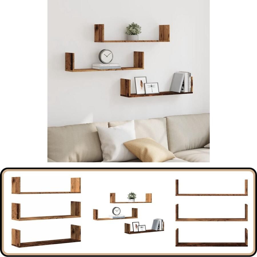 VidaXL Wandschappen 3 stuks 80x18x18 cm Oud Hout Wandplanken Houten Wandplank Opbergkast Muurschrank Zwevende Plank