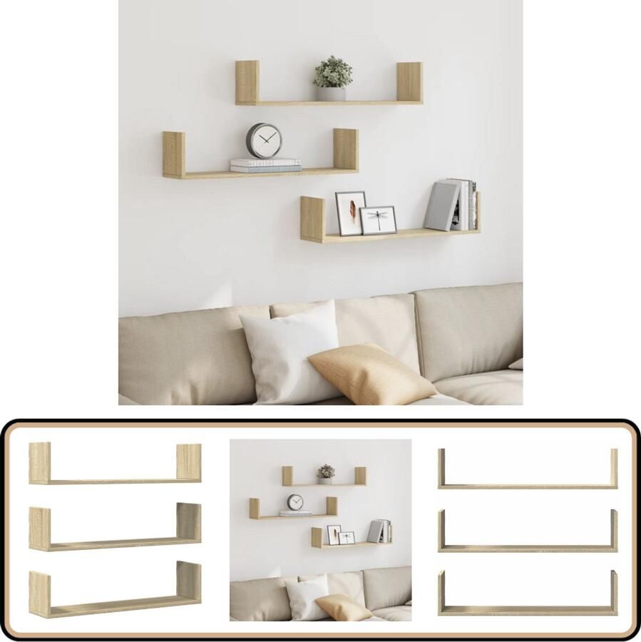 VidaXL Wandschappen 3 stuks 80x18x18 cm Sonoma eiken Wandplanken Houten Planken Opslagoplossing Minimalistisch Modern