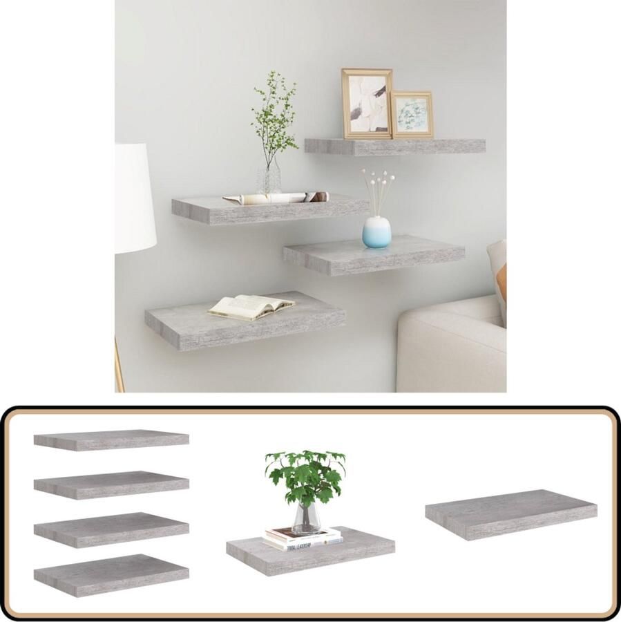 VidaXL Wandschappen 4 st MDF Betongrijs 50x23x3 8 cm Wanddecoratie Wandplank Zwevende Plank Houten Wandrek Metalen Wandrek