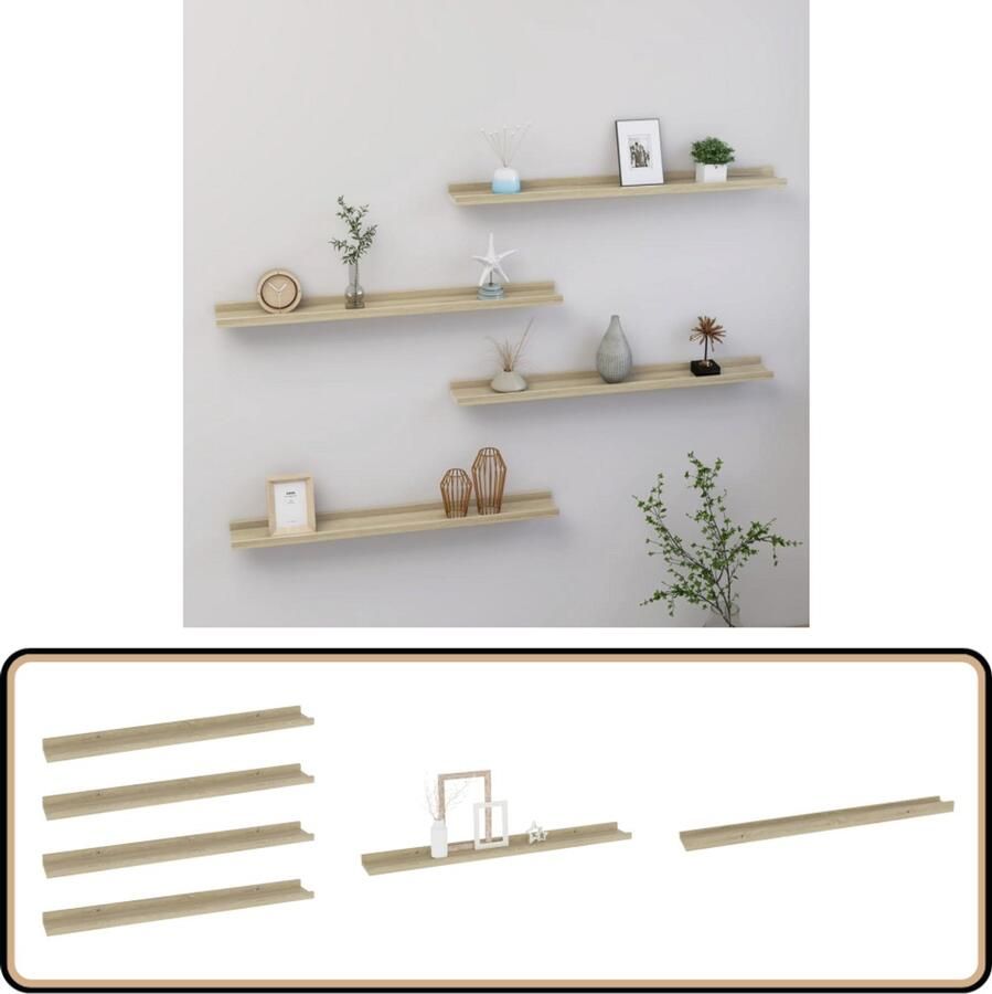 VidaXL Wandschappen 4 st Sonoma Eiken 80x9x3 cm Wandplanken Decoratief Rek Sonoma Eiken MDF Hangend Rek