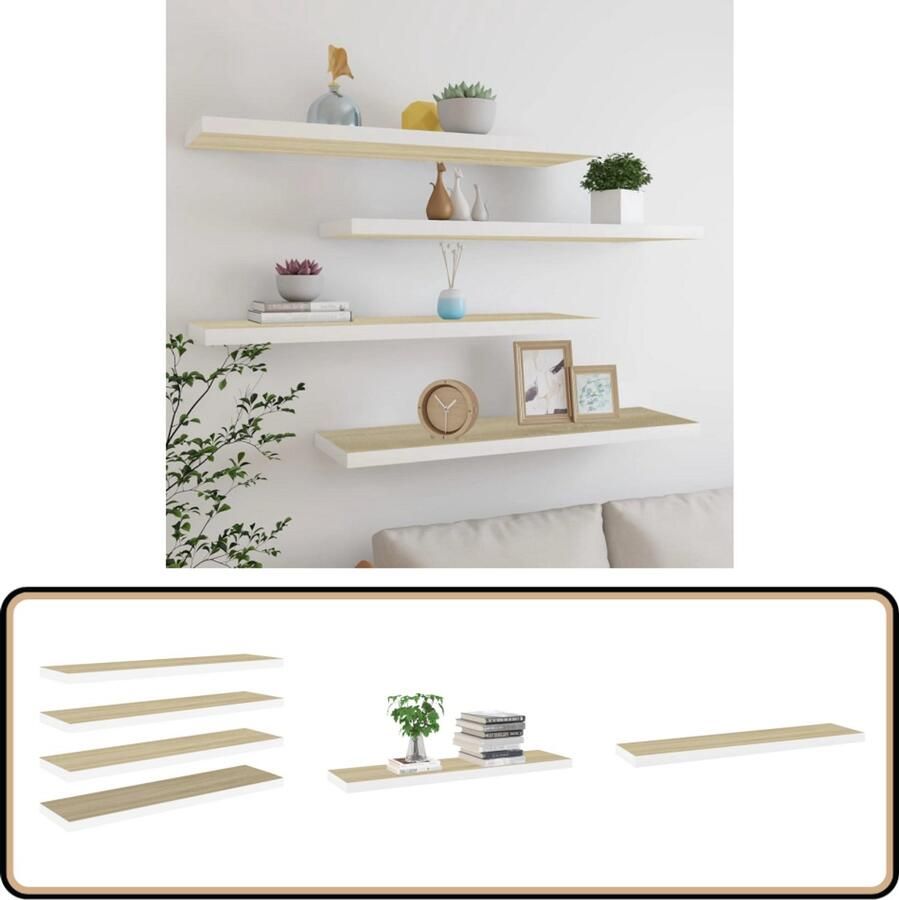 VidaXL Wandschappen 4 stuks MDF Eiken & Wit Wanddecoratie Wandplank Opbergruimte Honey Comb Mdf Houten Wandrek