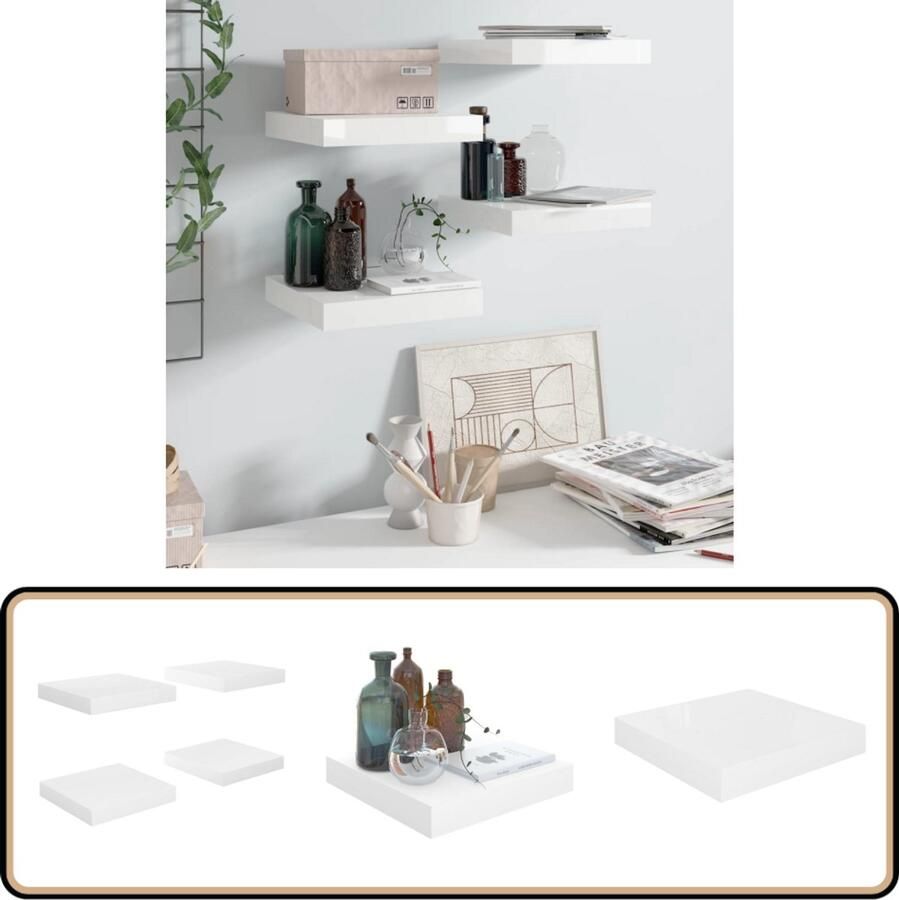 VidaXL Wandschappen Hoogglans Wit Set van 4 Wandplank Honingraat Mdf Witte Wanddecoratie Woonaccessoires Opslagoplossing