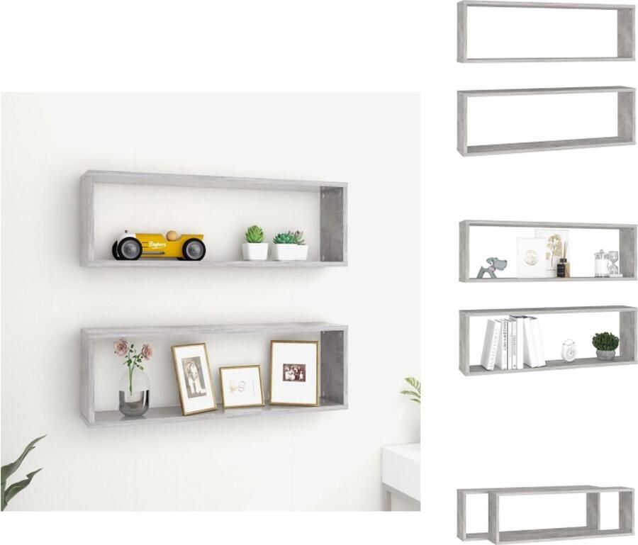 The Living Store Wandschappen kubus 2 st 80x15x26 5 cm bewerkt hout betongrijs Wanddecoratie Houten Wandplank Kubusschrankje Bergruimte Livingroom Decoratie - Foto 2