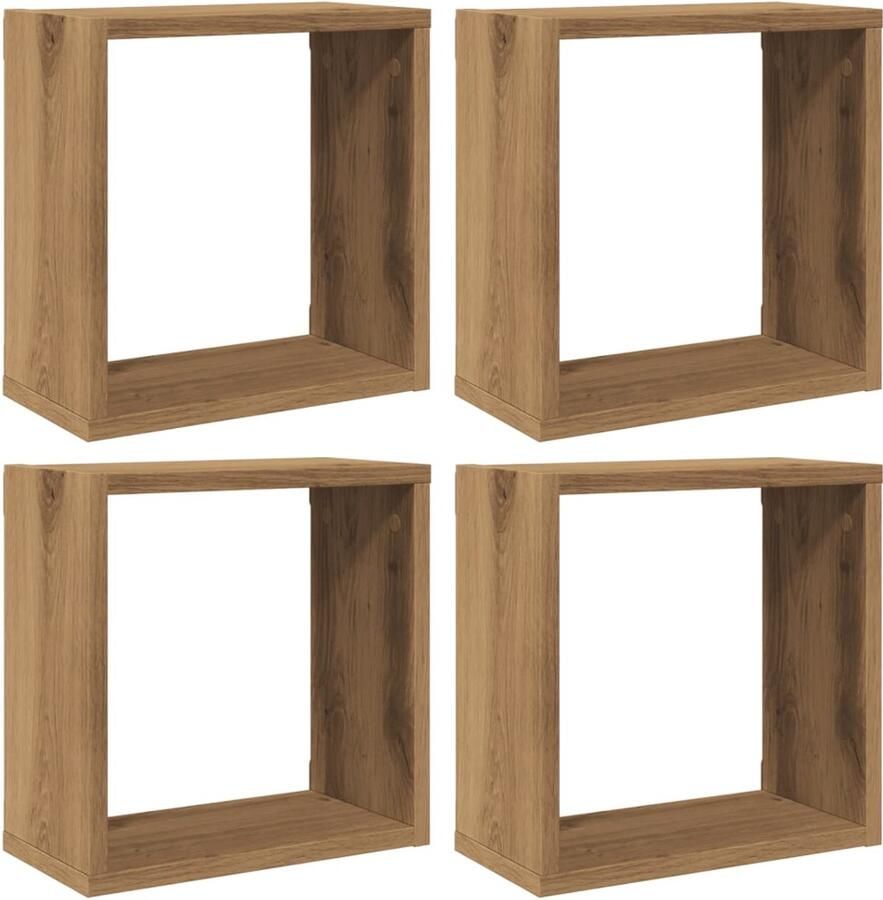 The Living Store Wandschappen kubus 4st 30x15x30cm bewerkt hout artisanaal eiken Kubus Wandschapsysteem Houten Wandplank Opbergwand Decoratieve Wanddecoratie Woonaccessoires