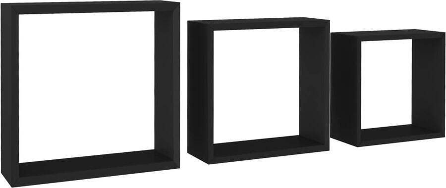 VidaXL Wandschappen Kubus Set van 3 MDF Zwart Wandplank Wanddecoratie Opbergruimte Mdf Plank Zwarte Wandplank