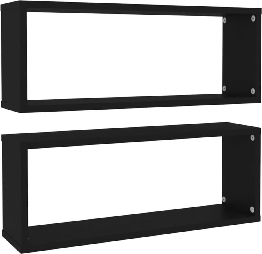 VidaXL Wandschappen Kubus Zwart Set van 2 Wanddecoratie Wandplanken Houten Planken Opbergmogelijkheden Badkamer Accessoires