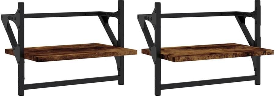 VidaXL Wandschappen met stangen 2 st 40x25x30 cm gerookt eikenkleurig Wandschap Wandschappen Wandplank Wandrek