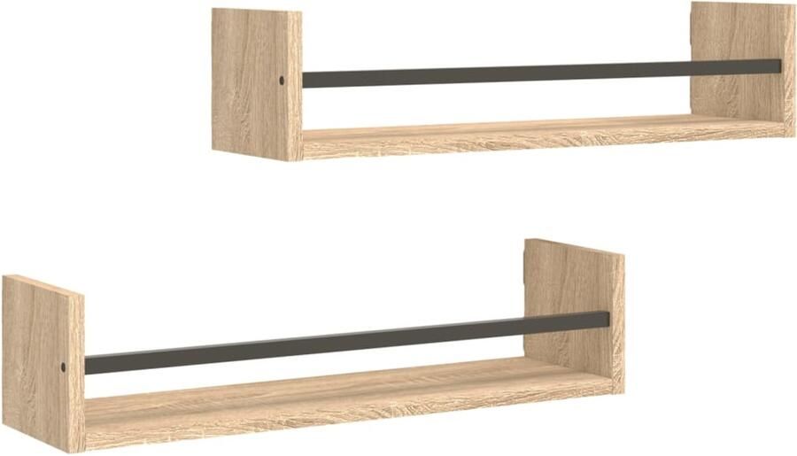 VidaXL Houten Wanddecoratie Wandplanken Wandschappen met stangen 2 st 60x16x14 cm sonoma eikenkleurig Bruine Wandplank Sonoma Eiken Kleur Opslagoplossing - Foto 2